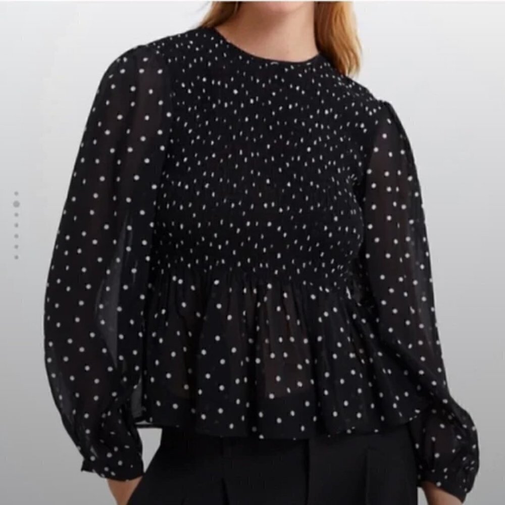 Zara Black and White Polka Dot Smocked Peplum Mesh Blouse Women’s Size Small